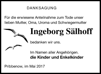 Traueranzeige von Ingeborg Sälhoff von Mecklenburger Schweiz