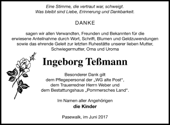 Traueranzeige von Ingeborg Teßmann von Pasewalker Zeitung