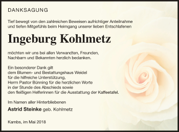 Traueranzeige von Ingeburg Kohlmetz von Müritz-Zeitung