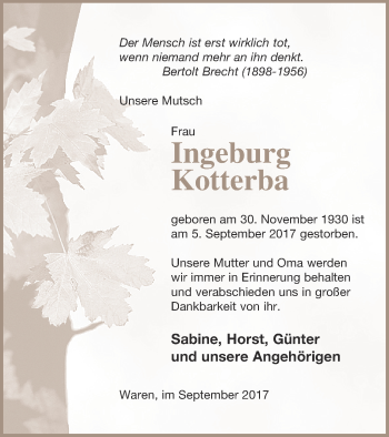 Traueranzeige von Ingeburg Kotterba von Müritz-Zeitung