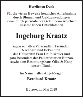 Traueranzeige von Ingeburg Kraatz von Bützower Zeitung