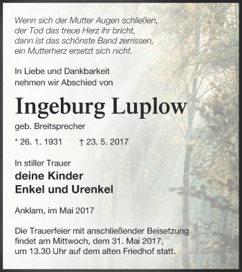 Traueranzeige von Ingeburg Luplow von Vorpommern Kurier