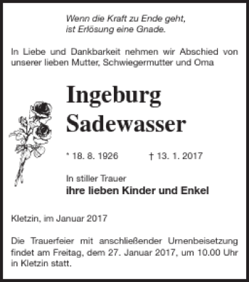 Traueranzeige von Ingeburg Sadewasser von Demminer Zeitung