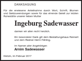 Traueranzeige von Ingeburg Sadewasser von Demminer Zeitung