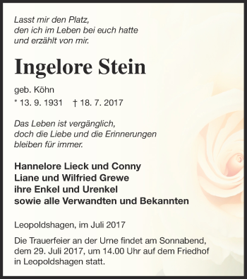 Traueranzeige von Ingelore Stein von Haff-Zeitung