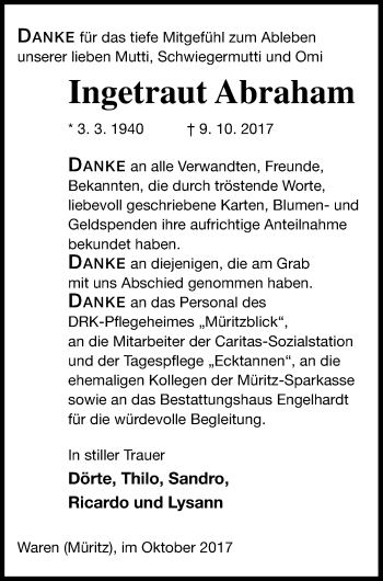 Traueranzeige von Ingetraut Abraham von Müritz-Zeitung