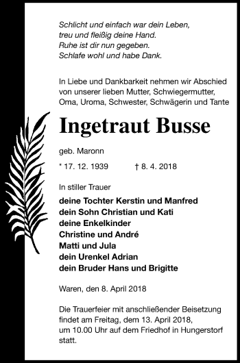 Traueranzeige von Ingetraut Busse von Müritz-Zeitung