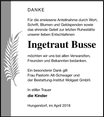 Traueranzeige von Ingetraut Busse von Müritz-Zeitung