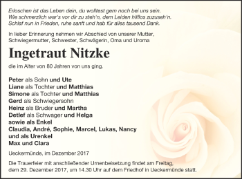 Traueranzeige von Ingetraut Nitzke von Haff-Zeitung