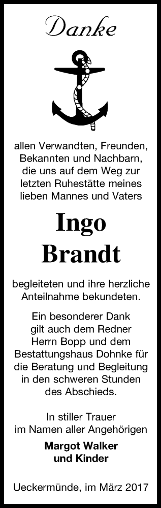 Traueranzeige von Ingo Brandt von Haff-Zeitung