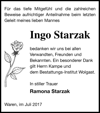 Traueranzeige von Ingo Starzak von Müritz-Zeitung