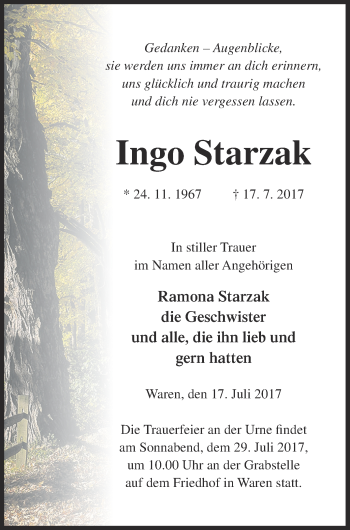 Traueranzeige von Ingo Starzak von Müritz-Zeitung