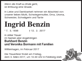 Traueranzeige von Ingrid Benzin von Strelitzer Zeitung