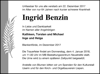 Traueranzeige von Ingrid Benzin von Strelitzer Zeitung