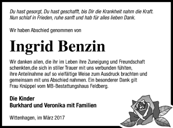 Traueranzeige von Ingrid Benzin von Strelitzer Zeitung