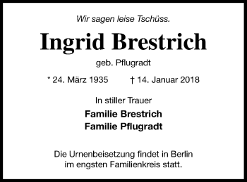 Traueranzeige von Ingrid Brestrich von Haff-Zeitung