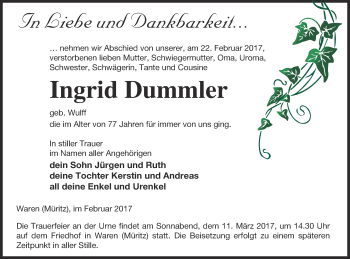 Traueranzeige von Ingrid Dummler von Müritz-Zeitung