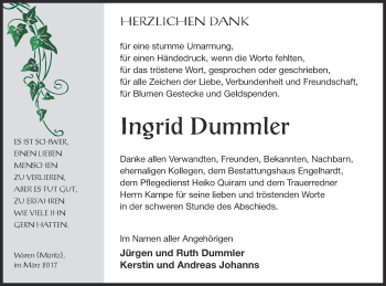 Traueranzeige von Ingrid Dummler von Müritz-Zeitung