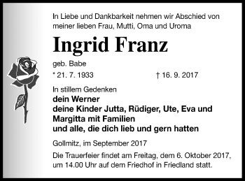 Traueranzeige von Ingrid Franz von Prenzlauer Zeitung