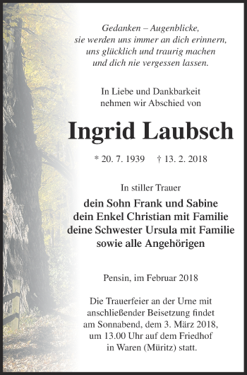 Traueranzeige von Ingrid Laubsch von Müritz-Zeitung