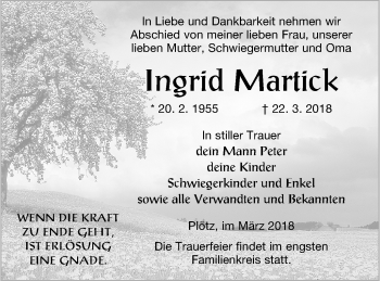 Traueranzeige von Ingrid Martick von Vorpommern Kurier