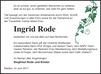 Traueranzeige von Ingrid Rode von Pasewalker Zeitung