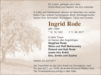 Traueranzeige von Ingrid Rode von Pasewalker Zeitung