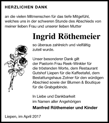 Traueranzeige von Ingrid Röthemeier von Vorpommern Kurier