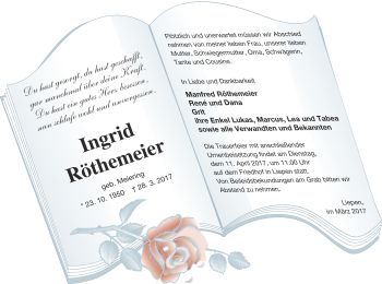 Traueranzeige von Ingrid Röthemeier von Vorpommern Kurier