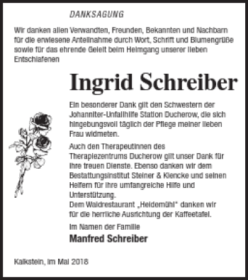 Traueranzeige von Ingrid Schreiber von Vorpommern Kurier