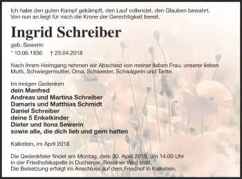 Traueranzeige von Ingrid Schreiber von Vorpommern Kurier