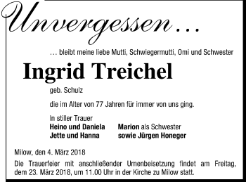 Traueranzeige von Ingrid Treichel von Pasewalker Zeitung