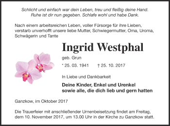 Traueranzeige von Ingrid Westphal von Neubrandenburger Zeitung