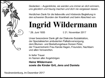 Traueranzeige von Ingrid Wildermann von Neubrandenburger Zeitung