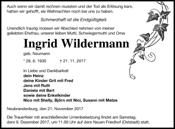 Traueranzeige von Ingrid Wildermann von Neubrandenburger Zeitung