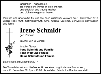 Traueranzeige von Irene Schmidt von Pasewalker Zeitung