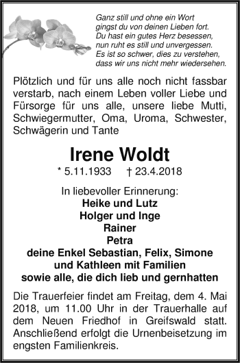 Traueranzeige von Irene Woldt von Vorpommern Kurier