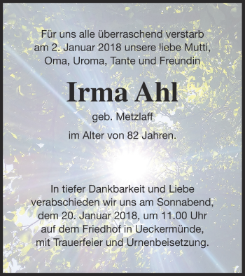 Traueranzeige von Irma Ahl von Haff-Zeitung