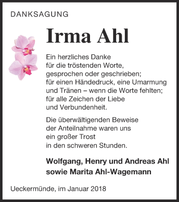 Traueranzeige von Irma Ahl von Haff-Zeitung