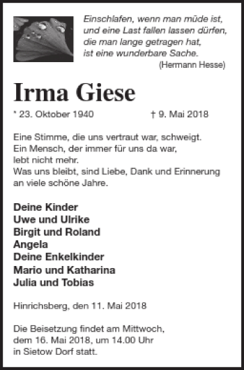Traueranzeige von Irma Giese von Müritz-Zeitung