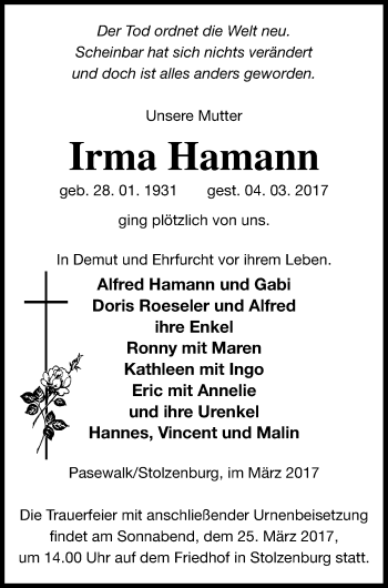 Traueranzeige von Irma Hamann von Pasewalker Zeitung