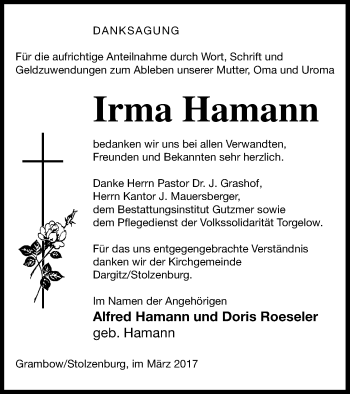 Traueranzeige von Irma Hamann von Pasewalker Zeitung