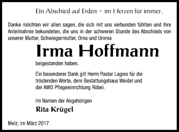 Traueranzeige von Irma Hoffmann von Müritz-Zeitung