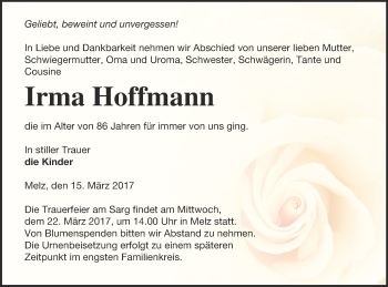 Traueranzeige von Irma Hoffmann von Müritz-Zeitung