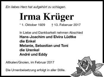 Traueranzeige von Irma Krüger von Mecklenburger Schweiz