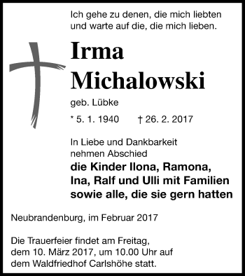 Traueranzeige von Irma Michalowski von Neubrandenburger Zeitung