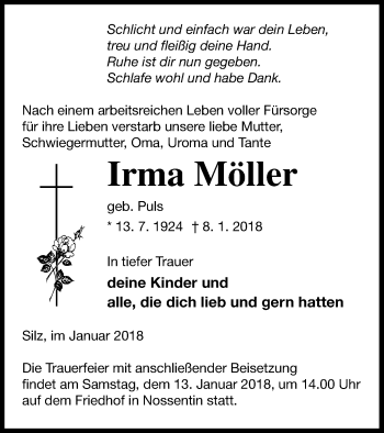 Traueranzeige von Irma Möller von Müritz-Zeitung