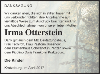 Traueranzeige von Irma Otterstein von Strelitzer Zeitung