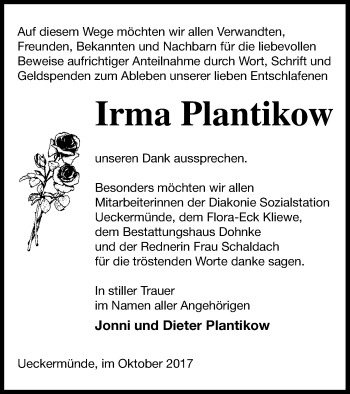 Traueranzeige von Irma Plantikow von Haff-Zeitung