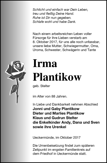 Traueranzeige von Irma Plantikow von Haff-Zeitung
